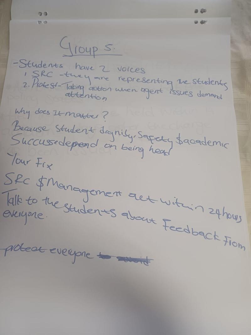 Flipchart from group 5 about why student voices matter: student dignity, safety and academic success depend on being heard